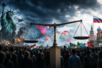 Crowd of protesters with flags surrounds a central scale of justice as the Statue of Liberty covers her face and flames rise in the background.