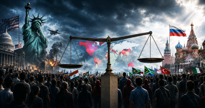 world thinks the us is worse than russia - graphics copy - washington eye Crowd of protesters with flags surrounds a central scale of justice as the Statue of Liberty covers her face and flames rise in the background.