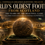 Promotional poster for Scotland's oldest football, showing a worn ball on a pedestal with Stirling Castle and a stadium in the background.