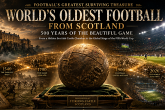 Promotional poster for Scotland's oldest football, showing a worn ball on a pedestal with Stirling Castle and a stadium in the background.