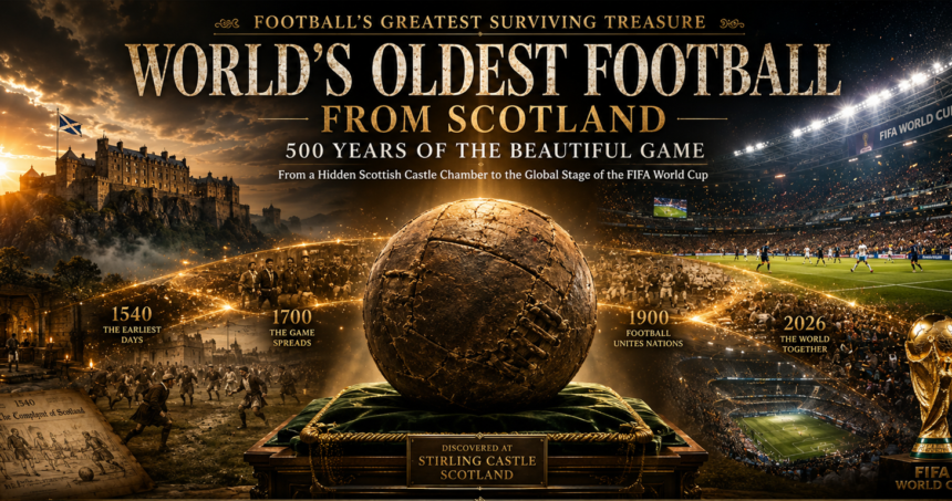 Promotional poster for Scotland's oldest football, showing a worn ball on a pedestal with Stirling Castle and a stadium in the background.