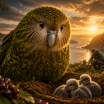 Close-up of a large green parrot on a cliff at sunset; researchers and a helicopter appear in the background.