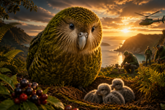 Close-up of a large green parrot on a cliff at sunset; researchers and a helicopter appear in the background.