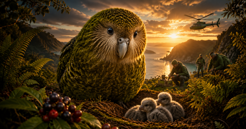 Close-up of a large green parrot on a cliff at sunset; researchers and a helicopter appear in the background.
