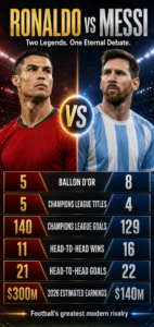 Poster comparing Ronaldo and Messi in a split design with stats like Ballon d'Or, titles, goals, head-to-head wins, and earnings.