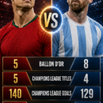 Poster comparing Ronaldo and Messi in a split design with stats like Ballon d'Or, titles, goals, head-to-head wins, and earnings.