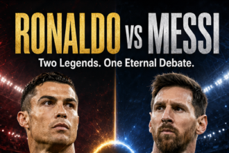 Poster comparing Ronaldo and Messi in a split design with stats like Ballon d'Or, titles, goals, head-to-head wins, and earnings.