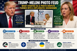 Infographic showing Trump and Meloni with a torn photo between them and the title 'Trump-Meloni Photo Feud' about a diplomatic dispute.