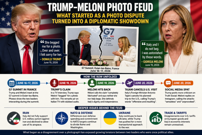 trump and meloni - washington eye Infographic showing Trump and Meloni with a torn photo between them and the title 'Trump-Meloni Photo Feud' about a diplomatic dispute.