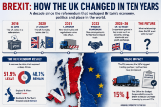 Infographic showing Brexit timeline and its impact on the UK and EU with a torn map of the UK and Europe at center.