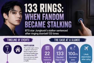 Infographic about BTS Jungkook stalking case: left timeline of events, right case-at-a-glance, verdict, and fan reactions section visible under a purple theme.