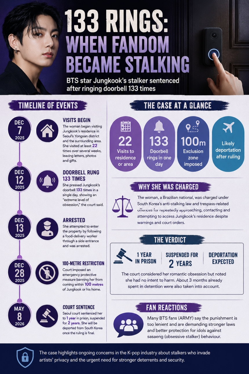 jungkook’s stalking case south korea - washington eye Infographic about BTS Jungkook stalking case: left timeline of events, right case-at-a-glance, verdict, and fan reactions section visible under a purple theme.