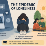 Center figure sits alone with knees up under the title 'The Epidemic of Loneliness' while groups socialize on either side, illustrating loneliness vs connection.