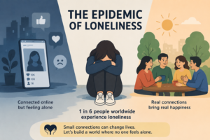 Center figure sits alone with knees up under the title 'The Epidemic of Loneliness' while groups socialize on either side, illustrating loneliness vs connection.