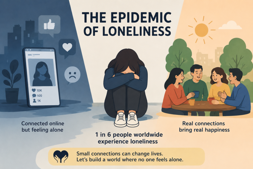 loneliness - washington eye Center figure sits alone with knees up under the title 'The Epidemic of Loneliness' while groups socialize on either side, illustrating loneliness vs connection.