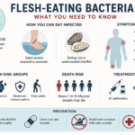 Infographic on flesh-eating bacteria (Vibrio vulnificus): infection, symptoms, risk groups, treatment, and prevention.