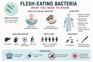 Infographic on flesh-eating bacteria (Vibrio vulnificus): infection, symptoms, risk groups, treatment, and prevention.