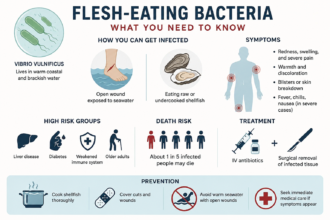 Infographic on flesh-eating bacteria (Vibrio vulnificus): infection, symptoms, risk groups, treatment, and prevention.