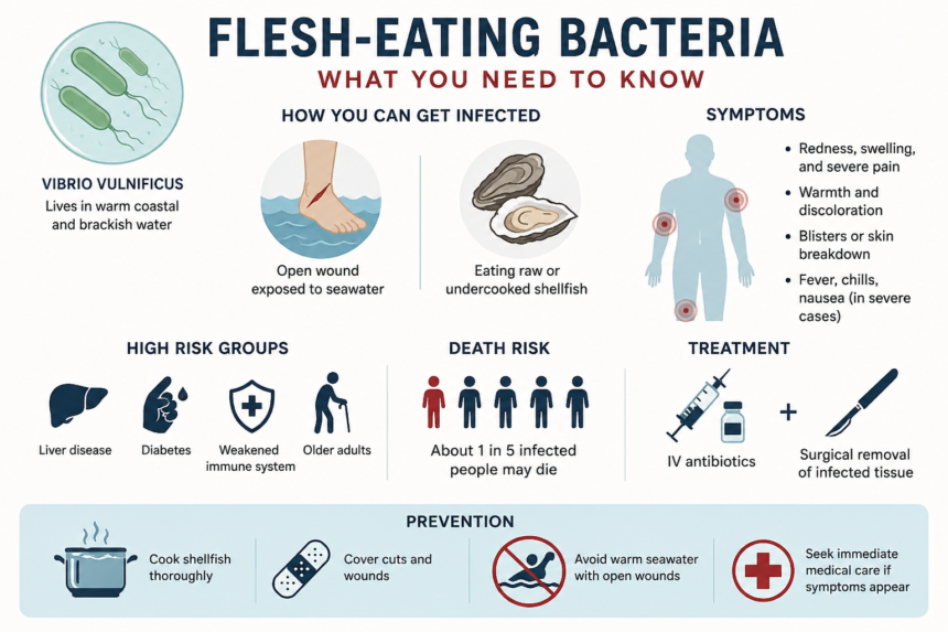 flash eating vibrio vulnificus - washington eye Infographic on flesh-eating bacteria (Vibrio vulnificus): infection, symptoms, risk groups, treatment, and prevention.