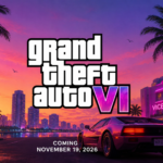Promotional poster for Grand Theft Auto VI set in Vice City with a sunset skyline, pink neon lights, and a red sports car; release date November 19, 2026.