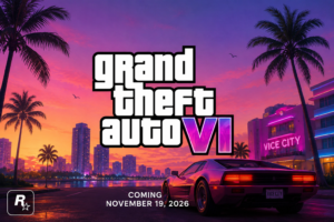 Promotional poster for Grand Theft Auto VI set in Vice City with a sunset skyline, pink neon lights, and a red sports car; release date November 19, 2026.