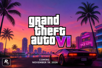 Promotional poster for Grand Theft Auto VI set in Vice City with a sunset skyline, pink neon lights, and a red sports car; release date November 19, 2026.