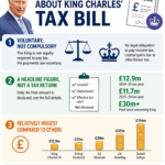 Infographic titled '3 Unusual Things About King Charles’ Tax Bill' showing three sections on voluntary tax, headline figure, and relative wealth of royals with King Charles on left and tax icons on right.