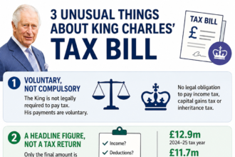 Infographic titled '3 Unusual Things About King Charles’ Tax Bill' showing three sections on voluntary tax, headline figure, and relative wealth of royals with King Charles on left and tax icons on right.