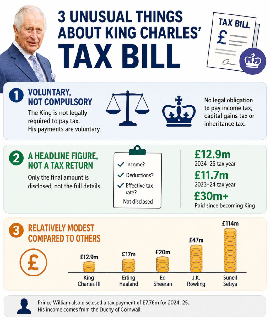 king charles iii tax bill - washington eye Infographic titled '3 Unusual Things About King Charles’ Tax Bill' showing three sections on voluntary tax, headline figure, and relative wealth of royals with King Charles on left and tax icons on right.