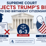 Infographic about the Supreme Court's 6-3 decision rejecting Trump's bid to end birthright citizenship, with courthouse backdrop and Trump silhouette on the left and a baby wrapped in an American flag on the right.] ,