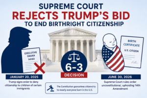 Infographic about the Supreme Court's 6-3 decision rejecting Trump's bid to end birthright citizenship, with courthouse backdrop and Trump silhouette on the left and a baby wrapped in an American flag on the right.] ,