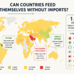 Global infographic showing food self-sufficiency by country with color-coded map and callouts for Guyana, China & Vietnam, Afghanistan region, and a right-side panel listing 7 food groups.