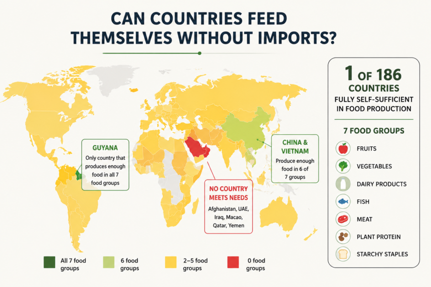 guyana us - washington eye Global infographic showing food self-sufficiency by country with color-coded map and callouts for Guyana, China & Vietnam, Afghanistan region, and a right-side panel listing 7 food groups.
