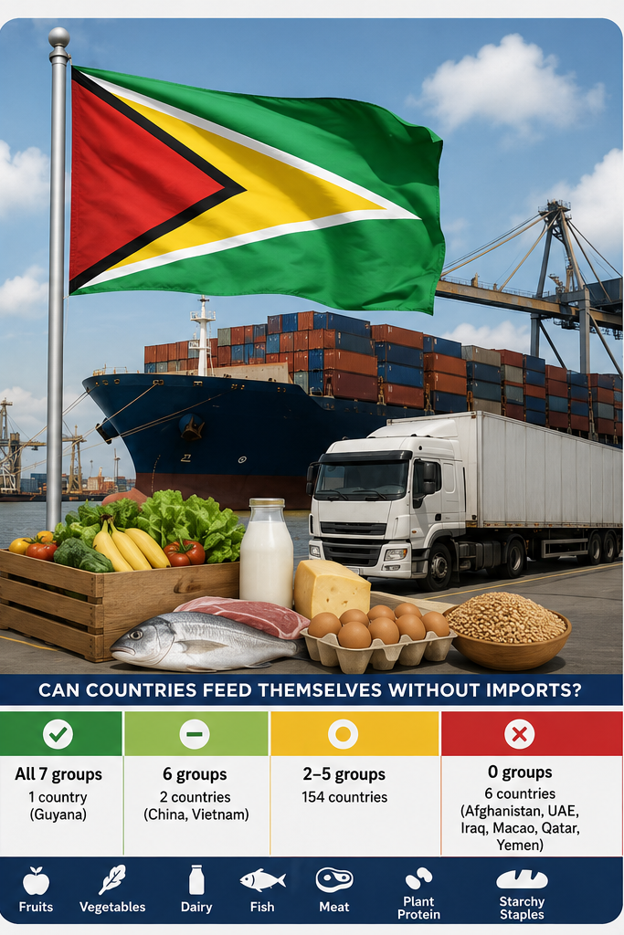 chatgpt image jul 20 2026 12_39_45 am - washington eye Infographic about whether Guyana can feed itself; left side shows the article text, right side features the Guyana flag, port scene, groceries, and a food-group chart.