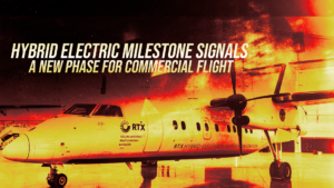 Poster-style banner with a parked jet and a fiery, orange-yellow background; headline reads: 'HYBRID ELECTRIC MILESTONE SIGNALS A NEW PHASE FOR COMMERCIAL FLIGHT'