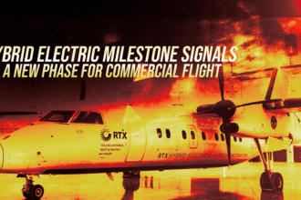 Poster-style banner with a parked jet and a fiery, orange-yellow background; headline reads: 'HYBRID ELECTRIC MILESTONE SIGNALS A NEW PHASE FOR COMMERCIAL FLIGHT'