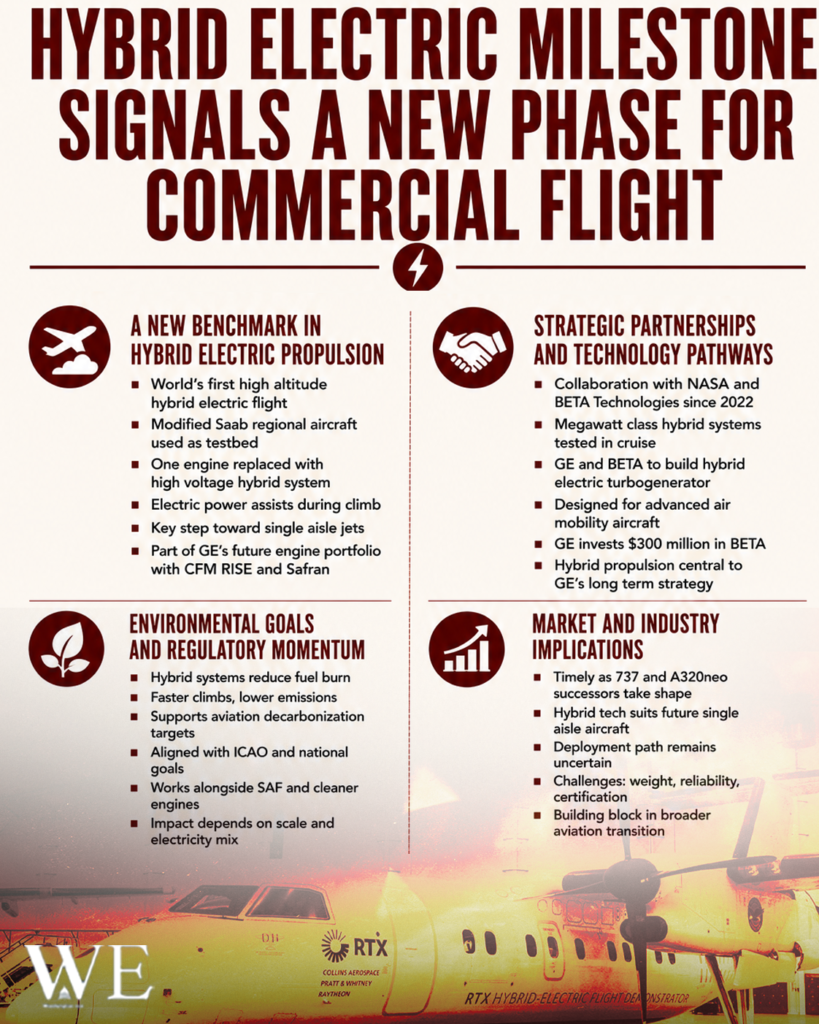 Infographic outlining milestones in hybrid electric propulsion for commercial flight, with sections on benchmarks, partnerships, environmental goals, and market impact.
