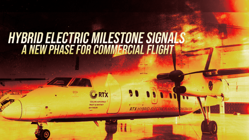 Poster-style banner with a parked jet and a fiery, orange-yellow background; headline reads: 'HYBRID ELECTRIC MILESTONE SIGNALS A NEW PHASE FOR COMMERCIAL FLIGHT'