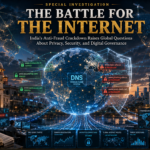 Futuristic infographic banner showing a glowing globe at the center with network lines, surrounded by panels on DNS, cyber security, and internet infrastructure.
