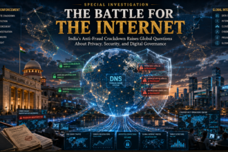 Futuristic infographic banner showing a glowing globe at the center with network lines, surrounded by panels on DNS, cyber security, and internet infrastructure.