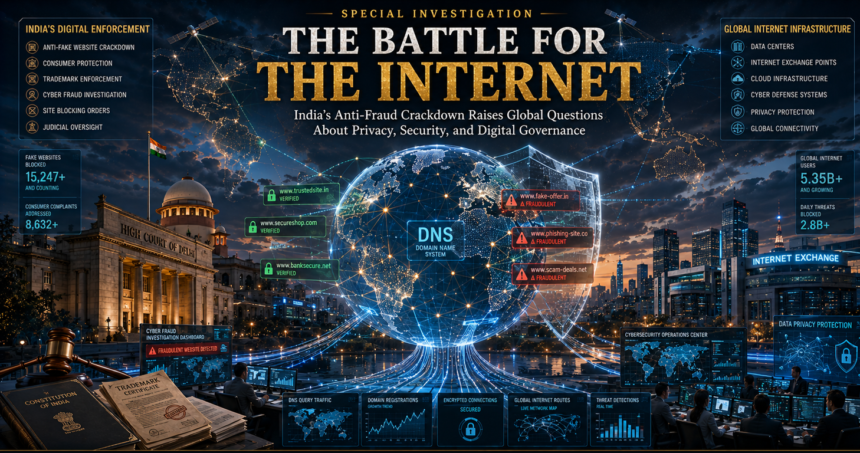 Futuristic infographic banner showing a glowing globe at the center with network lines, surrounded by panels on DNS, cyber security, and internet infrastructure.
