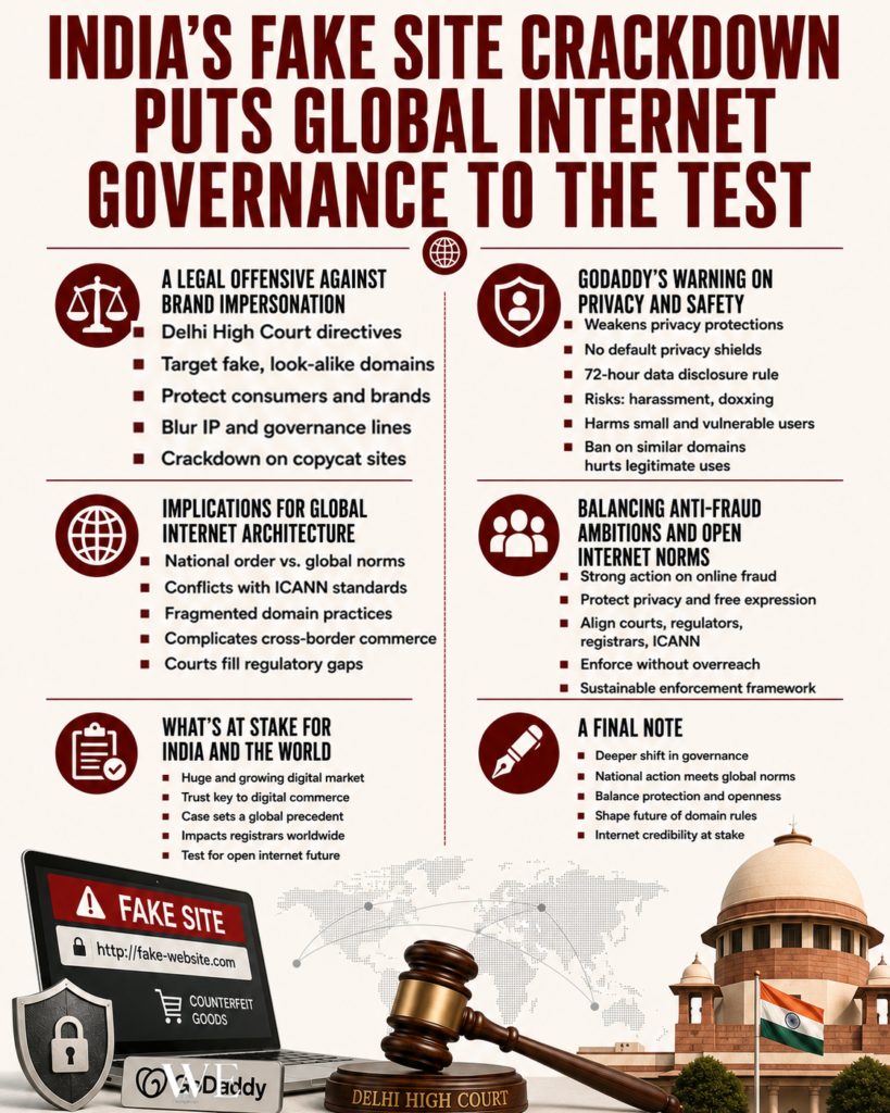Infographic about India's fake site crackdown, with sections on legal action, privacy, global internet architecture, anti-fraud, stakes, and governance imagery.
