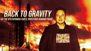 Poster-style image: a man in a black jacket stands before a fiery rocket-launch background with the bold title 'BACK TO GRAVITY' across the left.