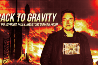 Poster-style image: a man in a black jacket stands before a fiery rocket-launch background with the bold title 'BACK TO GRAVITY' across the left.