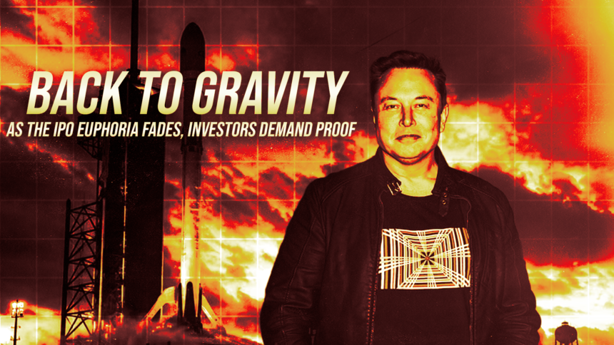Poster-style image: a man in a black jacket stands before a fiery rocket-launch background with the bold title 'BACK TO GRAVITY' across the left.