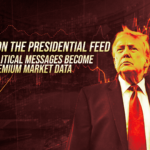 Donald Trump in a suit on a red, finance-themed background with stock charts and a bold headline about politics as market data.