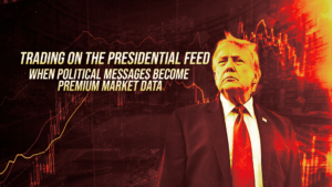 Donald Trump in a suit on a red, finance-themed background with stock charts and a bold headline about politics as market data.