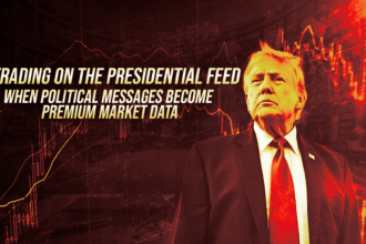 Donald Trump in a suit on a red, finance-themed background with stock charts and a bold headline about politics as market data.