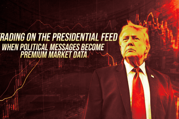 Donald Trump in a suit on a red, finance-themed background with stock charts and a bold headline about politics as market data.