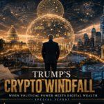 Cover image: a suited man facing a glowing digital globe over a city skyline, with legal books and a U.S. Capitol in the foreground; title reads 'Trump's Crypto Windfall' - political-digital wealth theme.